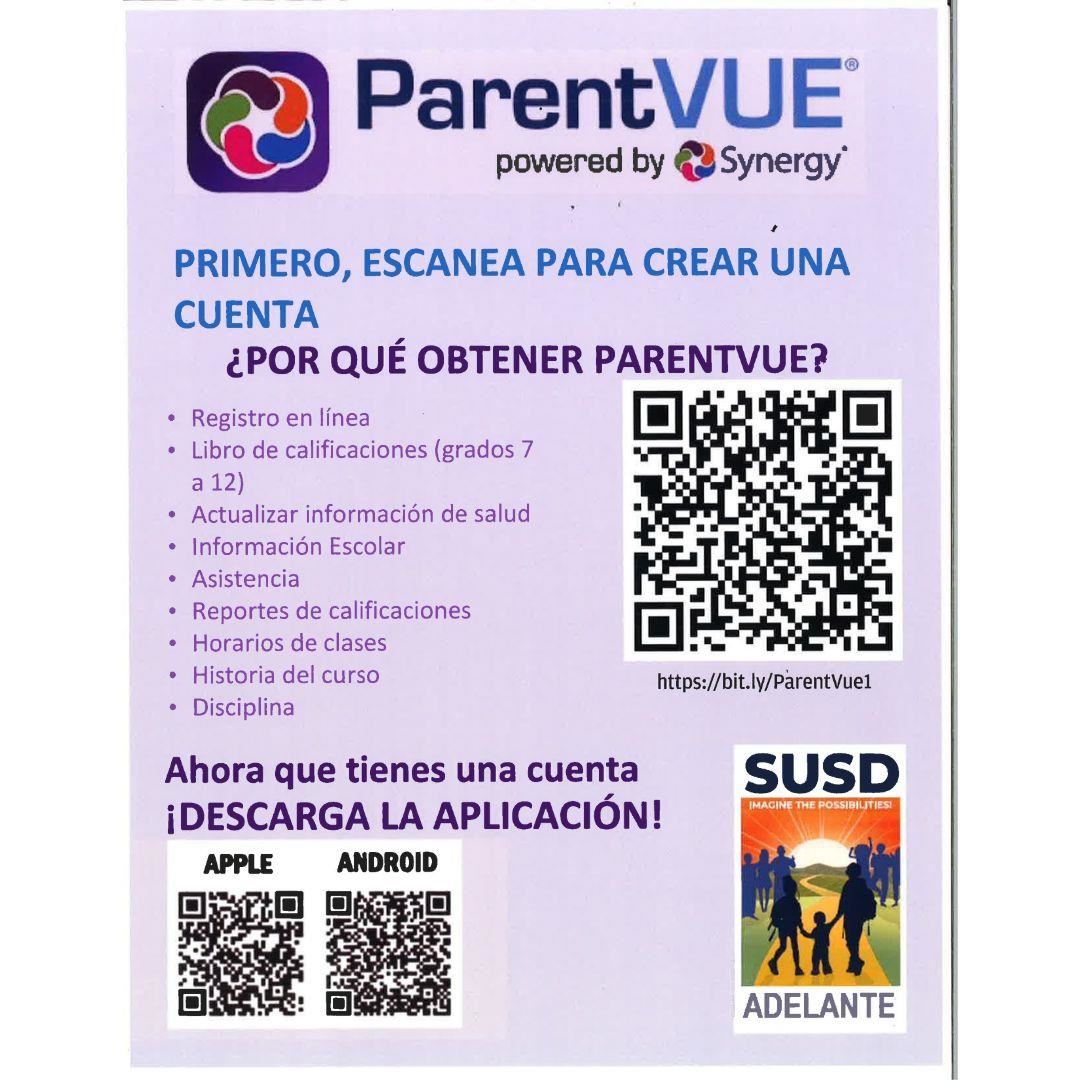  Parent Vue Flyer in Spanish for registering your student online